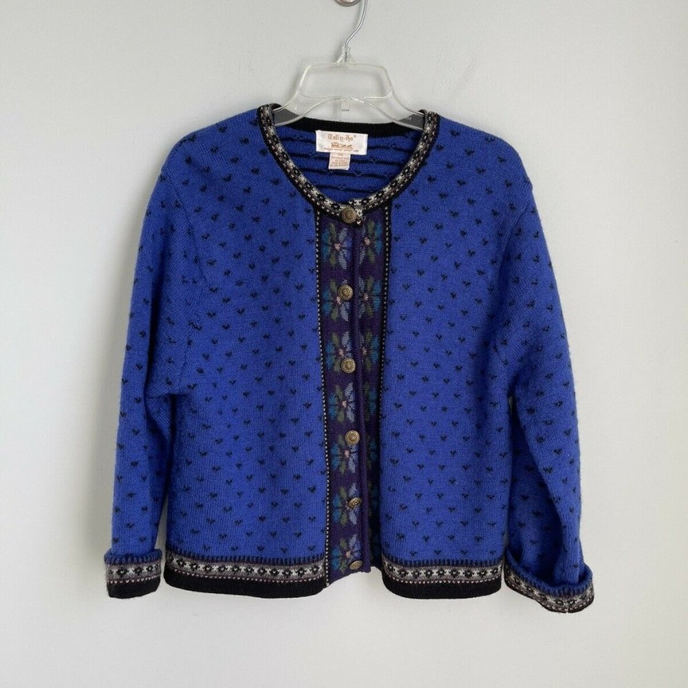 Vtg Tally Ho Blue Boiled Wool Nordic Cardigan Sweater